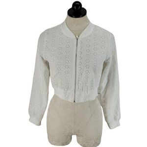 KnitWorks Girls White Eyelet‎ Floral Cropped Zip Up Jacket Size 16